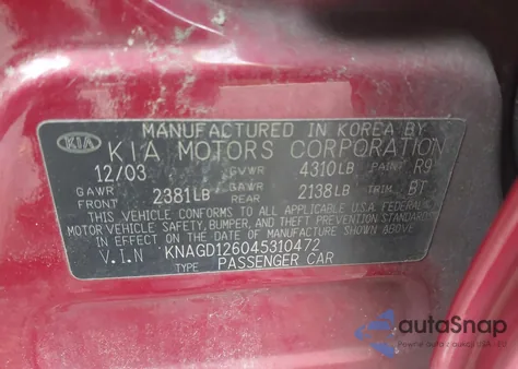 2004 Kia Optima Ex/Lx z USA, uszkodzony, nr VIN KNAGD126045310472